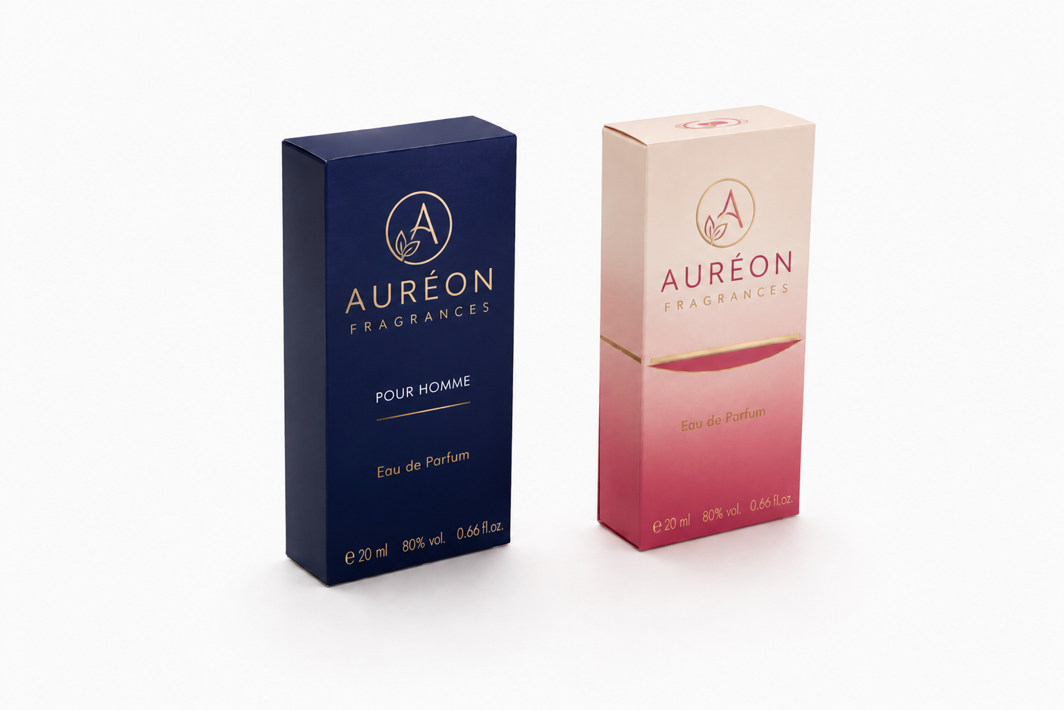 Auréon Pour Homme fragrance cartons, navy and gradient variants